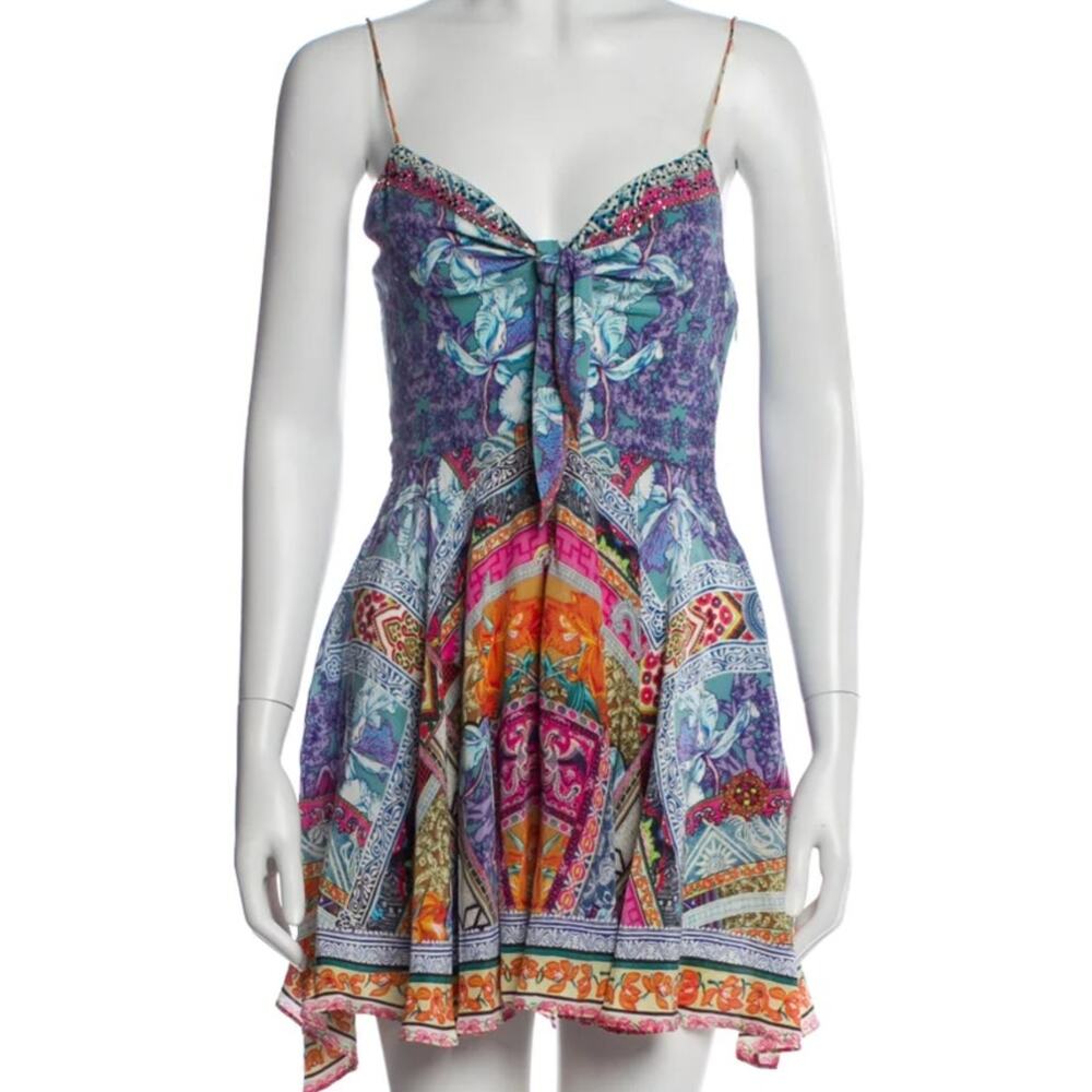 Camilla 'Sunday Best' Silk Mini Dress XL Tie Front Embellished Boho Luxe EUC